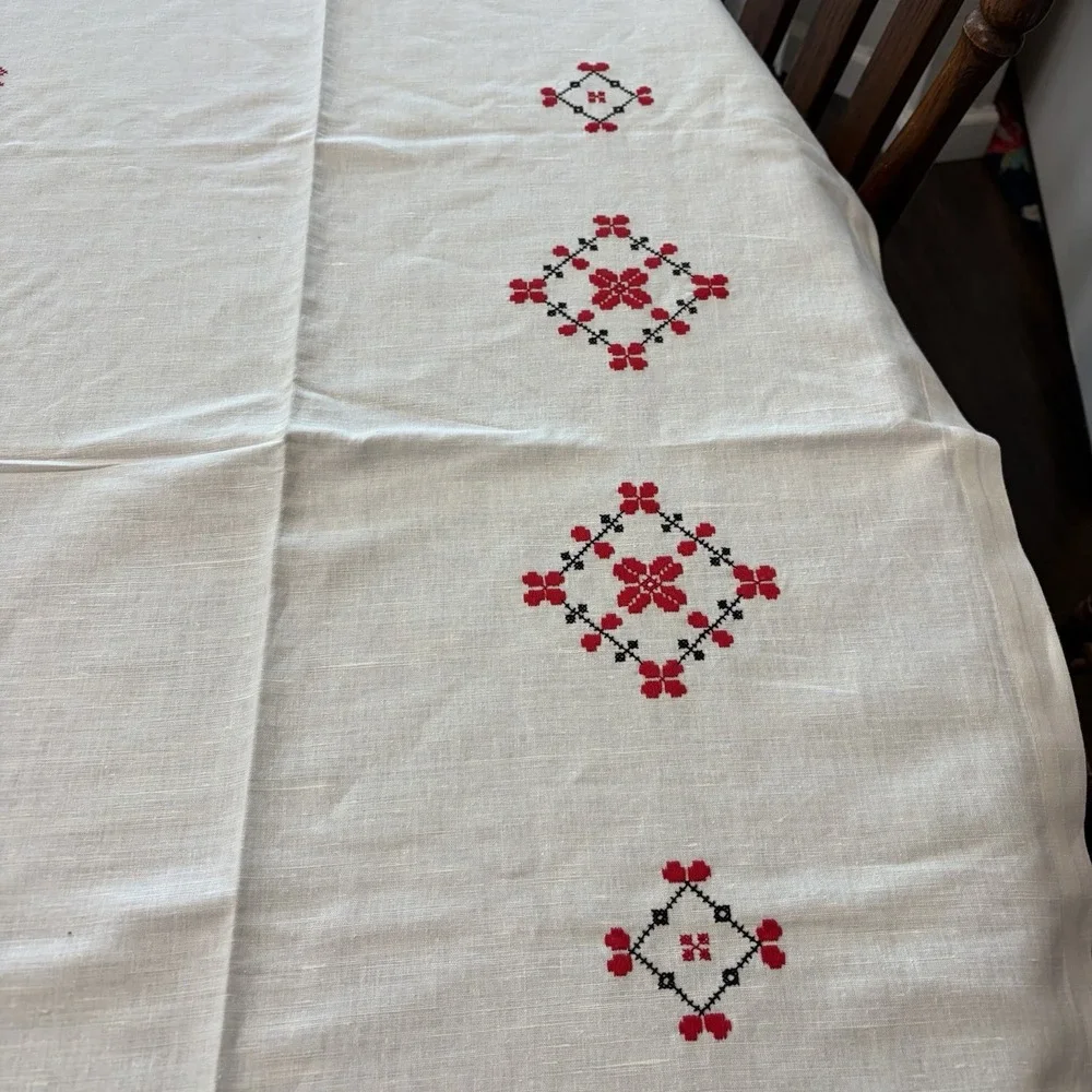 Vintage Cross Stitch Linen Tablecloth Napkin Set Red Black Folk Art Farmhouse